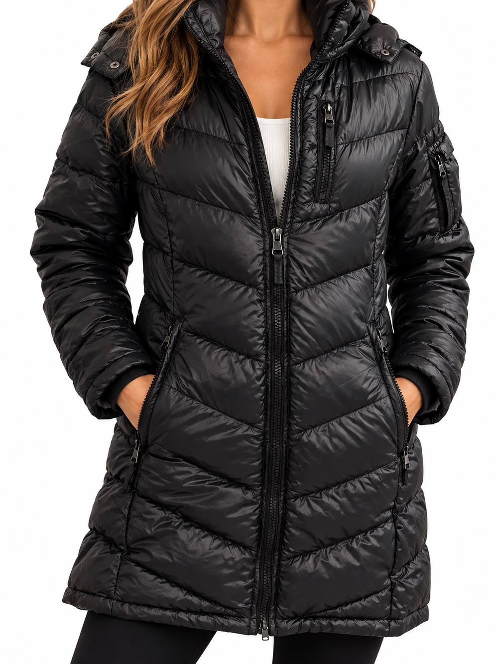 Andrew Marc Black Quilted Long Puffer Coat with Hood